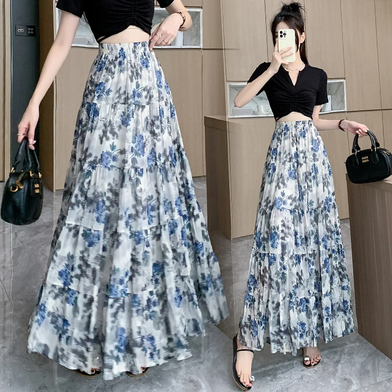 

Summer New 2024 Vintage Floral Print Tulle Pleated Women's Mi-Long Skirts Chiffon High Waist Loose Female Umbrella Skirt