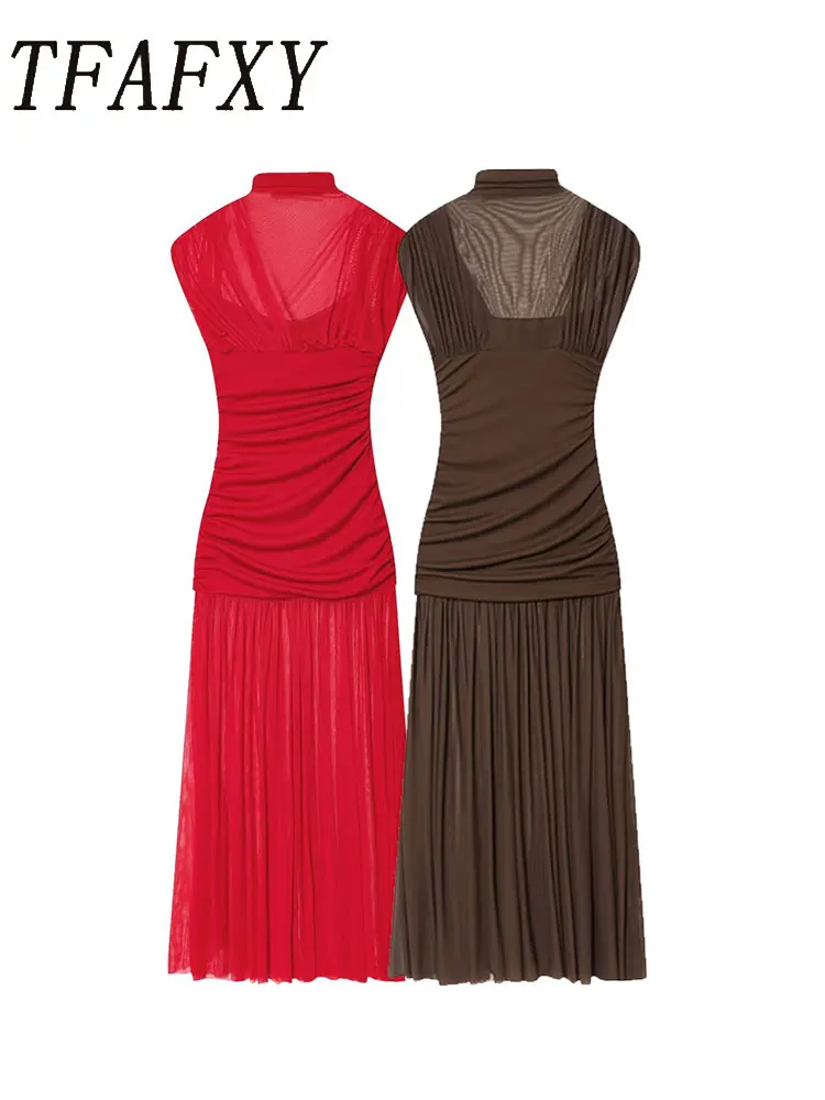 TFAFXY Sexy Damenkleid, einfarbig, halbhoher Kragen, ärmellos, Mantel, lang, Vestidos, modisch, Herbst, Urlaub, Partykleid
