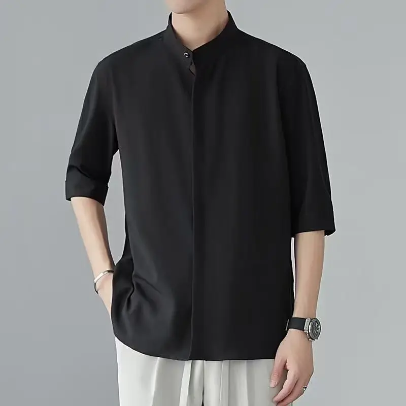 Men's Clothing Solid White Summer New Arrival Mid-Sleeve Mandarin Collar Shirt Neo-Chinese Style Loose Fit Half Sleeve Shirt