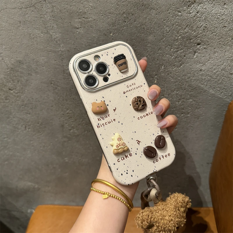 Korean Cute 3D Bear Coffee Phone Case For iPhone 15 promax 14 Plus 13 12 11 Pro Max Mini With Plush Hand Strap Lanyard Cover