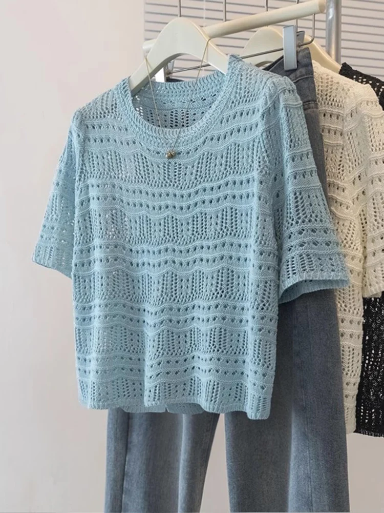 

Light Blue Knitted Short Sleeve T-Shirt Women's Spring Summer New Style plus Size Overlapping Shirt Korean Loose Fit round Neck