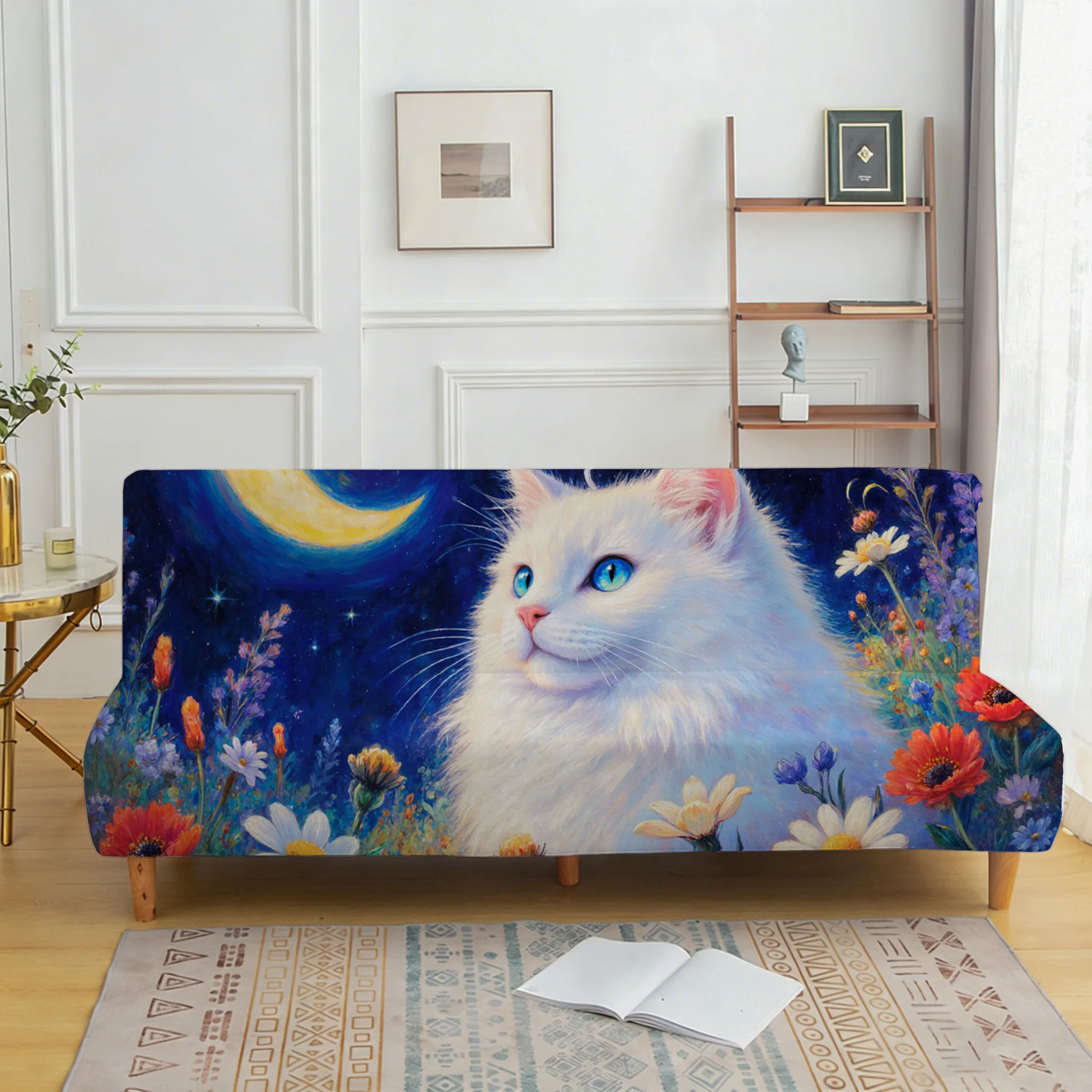 All-inclusive elastic sofa bed cover, healing moon night cat sofa bed cover, easy installation, machine washable