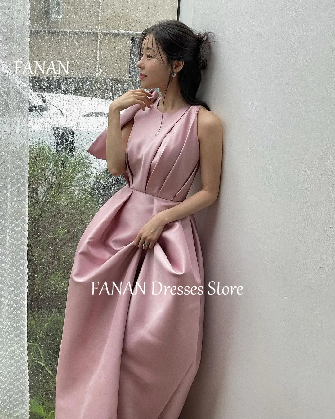 FANAN O-Neck Sleeveless Pink Simple Evening Party Dresses Korea Satin Simple Wedding Women  Gowns Event Prom Gowns Customized