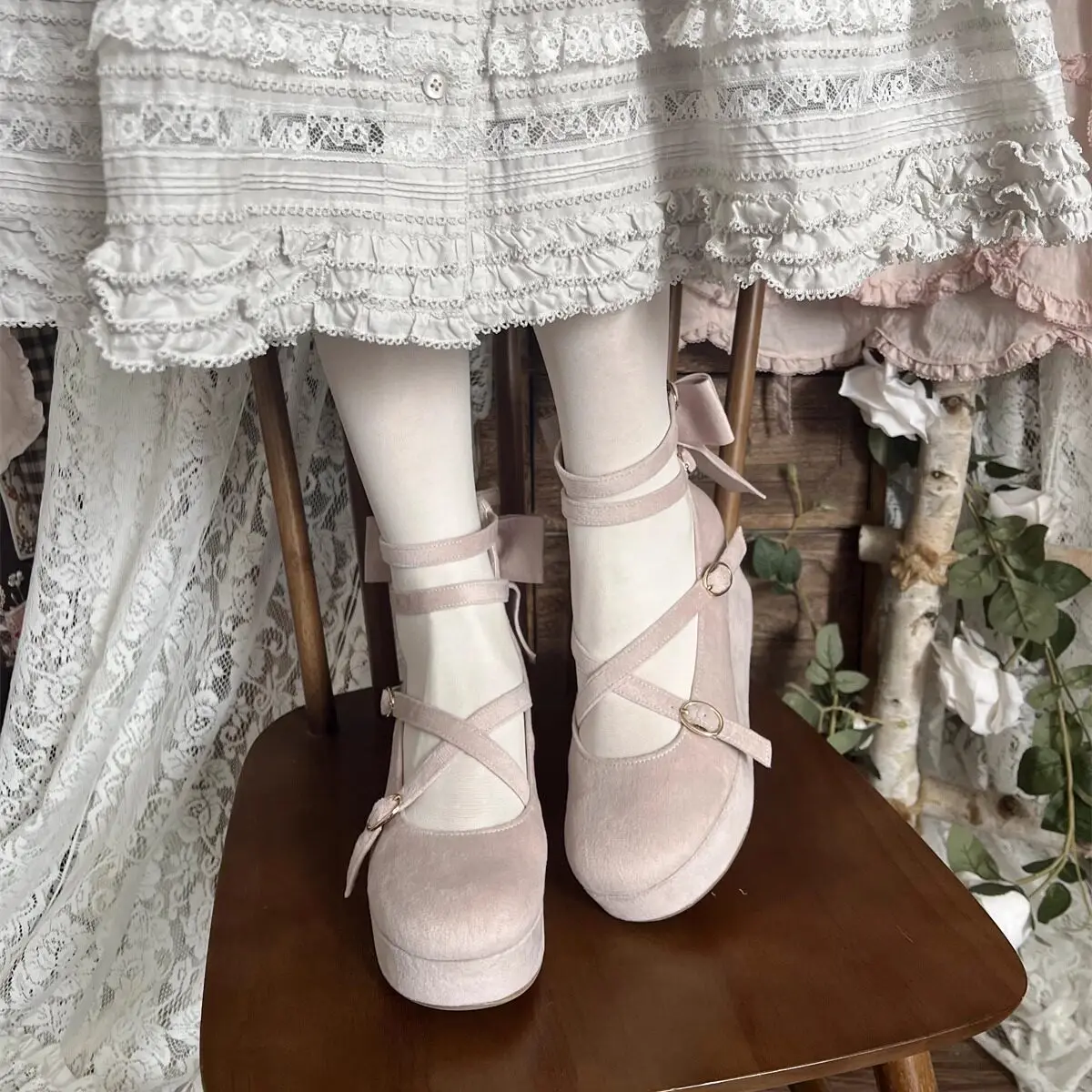 Japanese Original Lolita Slope Heel Muffin Shoes Female Girl Cute Sweet Suede Ancient Pointed Round Head Height Increase Lo Shoe
