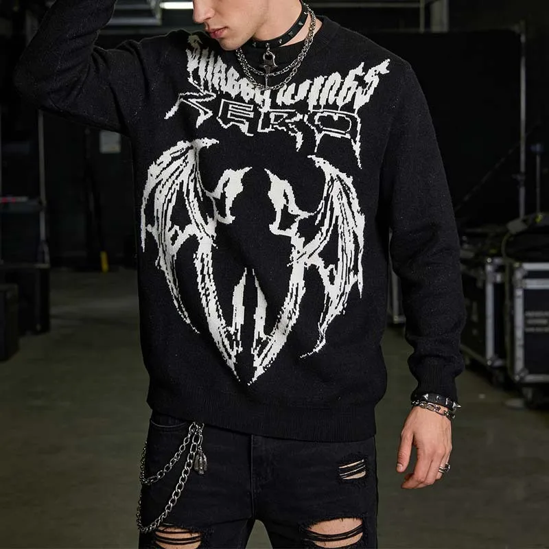 Men Halloween Gothic Punk Sweater Demon Wing Jacquard Knitted Pullover Y2K Alt Emo Streetwear Crewneck Long Sleeve Tops