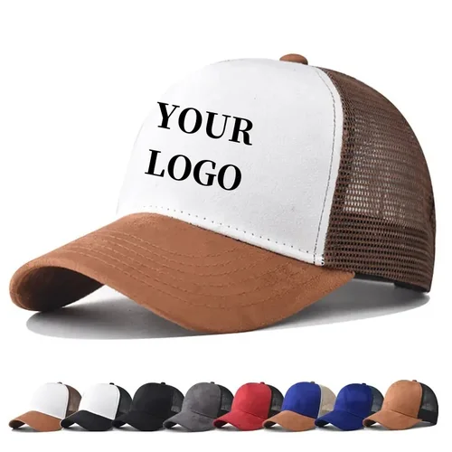 Gorra de camionero de gamuza de malla de 5 paneles, gorra de béisbol bordada con logotipo personalizado para mujer, gorra deportiva transpirable para primavera y verano, Gorras Unisex