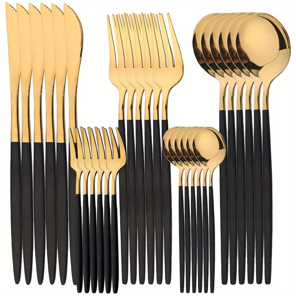 

30Pcs Flatware Set Gold Tableware Stainless Steel Mirror Dinnerware Dinner Tea Spoon Fork Knife Western Silverware Cutlery Set