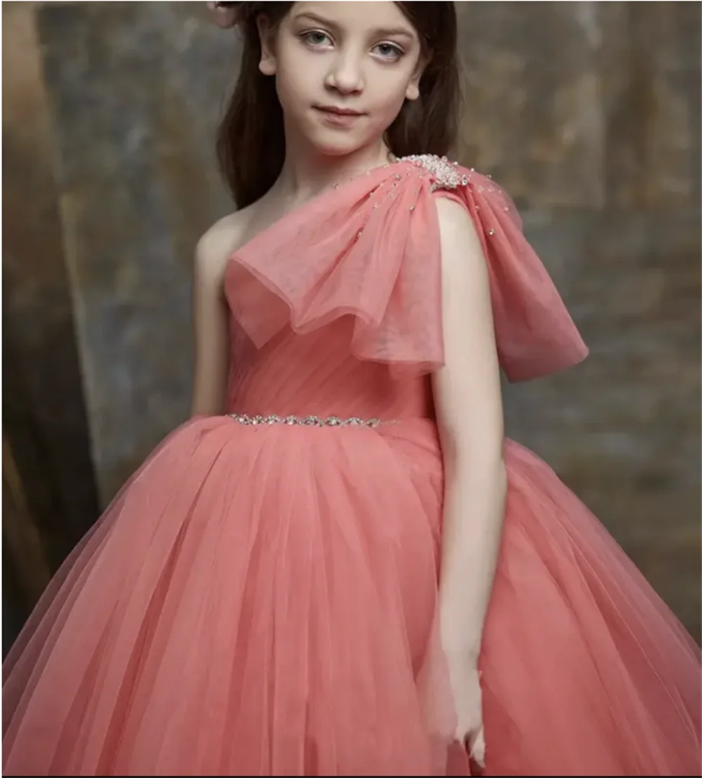 New Shiny Sash One Shoulder Flower Girl Dresses Kids Princess Birthday Party Gowns Flower Girl Bridesmaid Elegant Dress