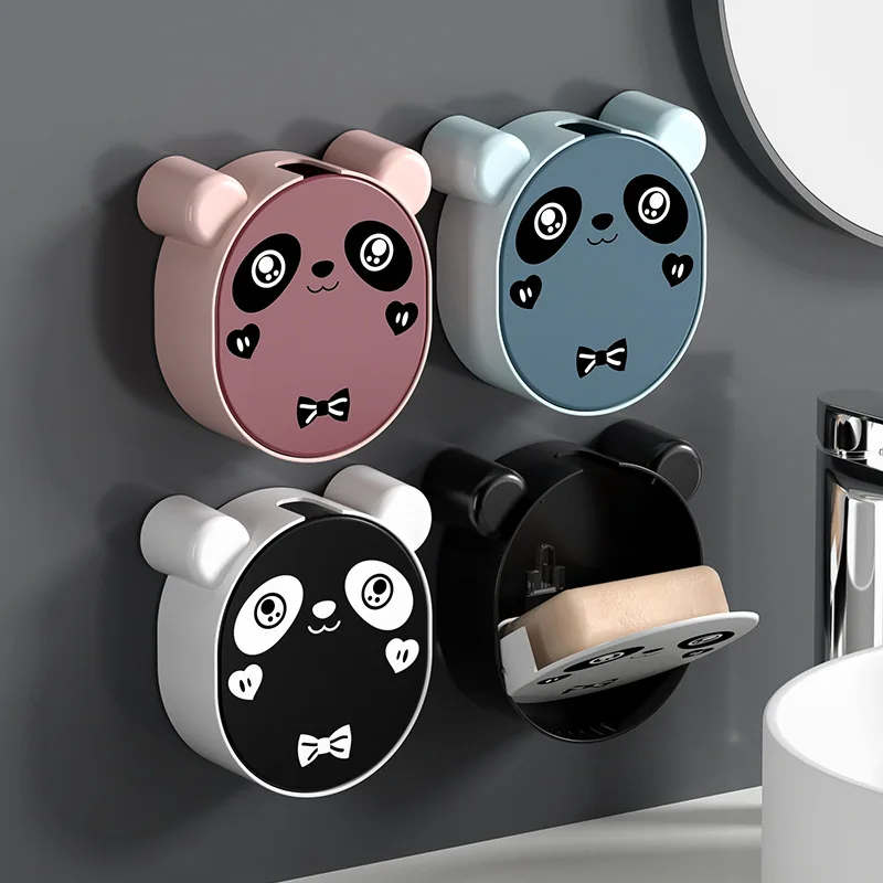 

Wall Mounted Drain Soap Boxes Cute Cartoon Panda Flip Lid Soap Boxes Detachable Design Soap Tray Bathroom Produts Storage Rack