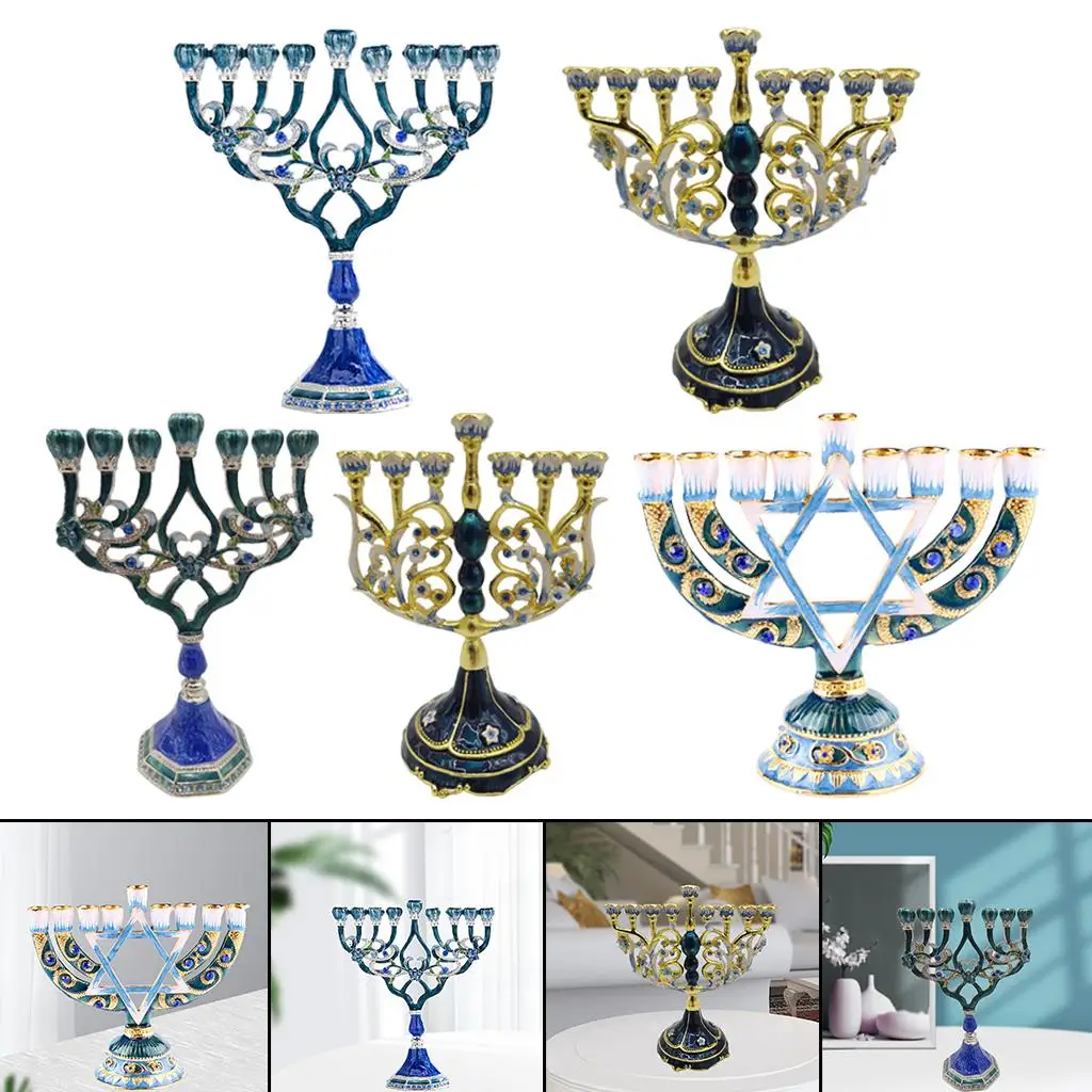 Metal Menorah Candlestick Star of David Enamel Handpainted Enamel Jewish Candelabra Vintage Tealight Candle Holder