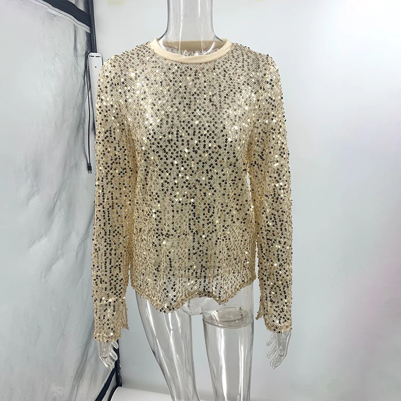 BKLD Spicy Girl Trend Nightclub Glitter Paillettes Maglia Manica lunga Slim Fit Girocollo Pullover casual Top sexy Abito classico da donna