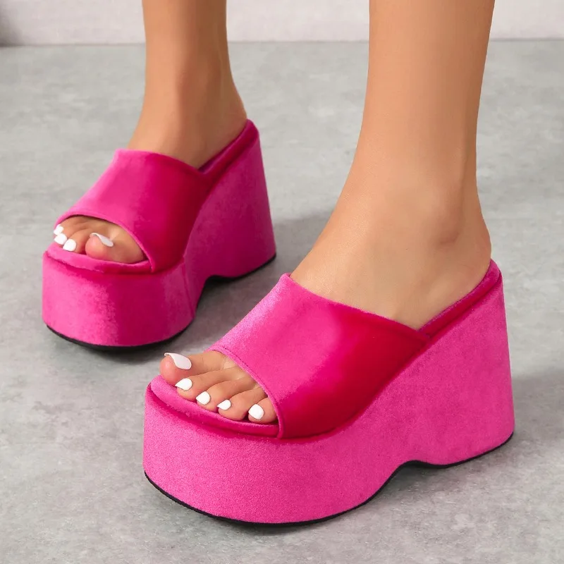 

2025Summer New Women's Shoes Fashion Thick Bottom Slippers Suede Casual Beach Slippers for Women High Heeled Slippers Flip Flops