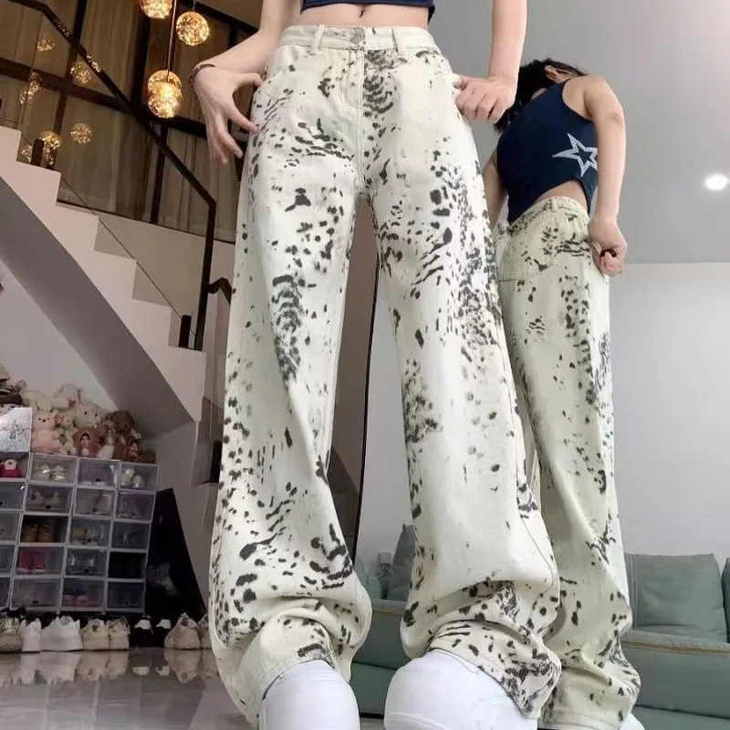 

Винтажные прямые джинсы с леопардовым принтом, женские джинсовые брюки, осенне-весенние модные женские повседневные широкие джинсы с высокой талией, брюки