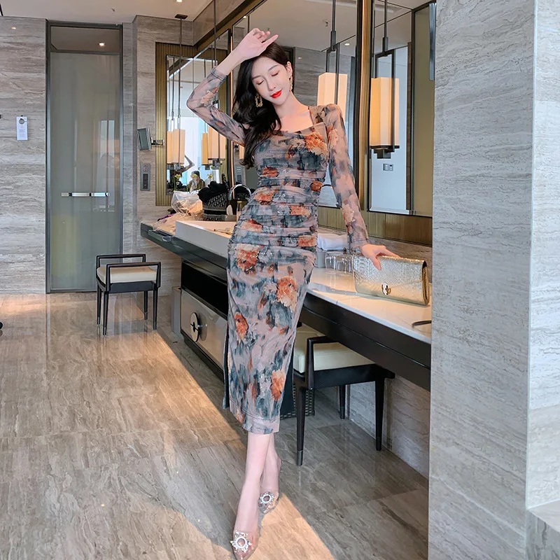 

Осенняя новая женская одежда, сексуальное сетчатое платье с длинными рукавами и принтом на талии в стиле ретро