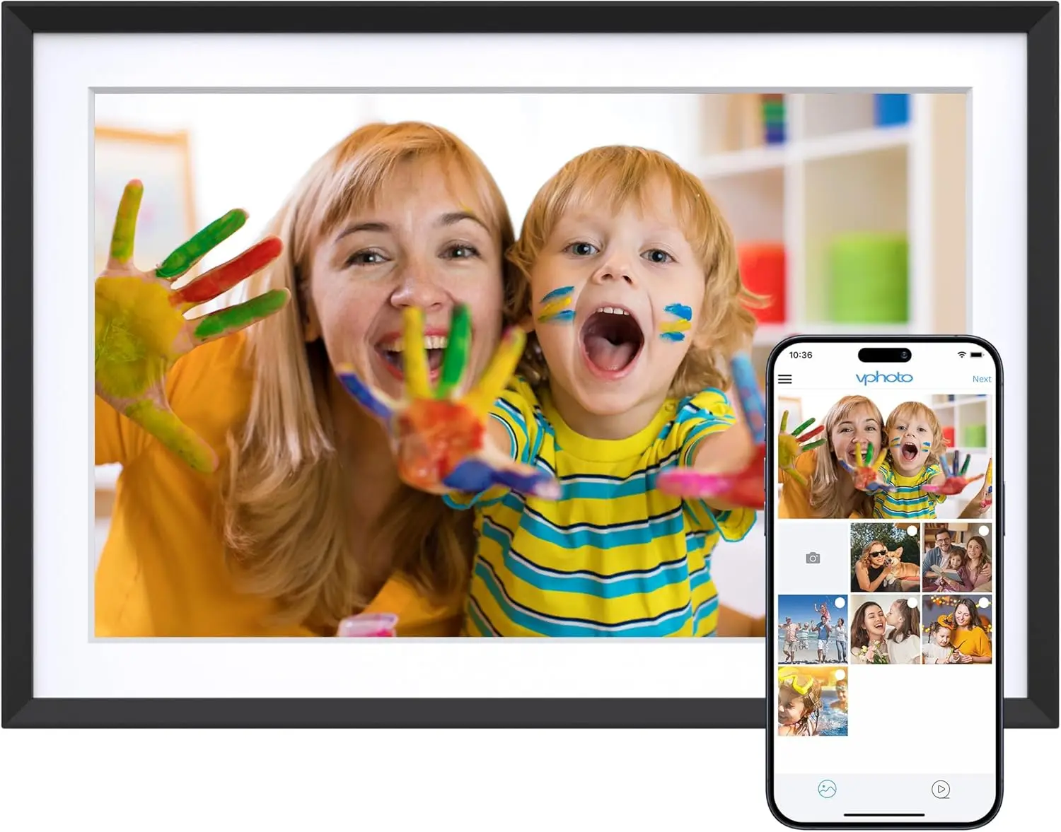 Cadre photo numérique WIFI 10,1'' avec écran tactile HD IPS, rotation automatique, partage instantané de photos/vidéos via application - Cadeau idéal