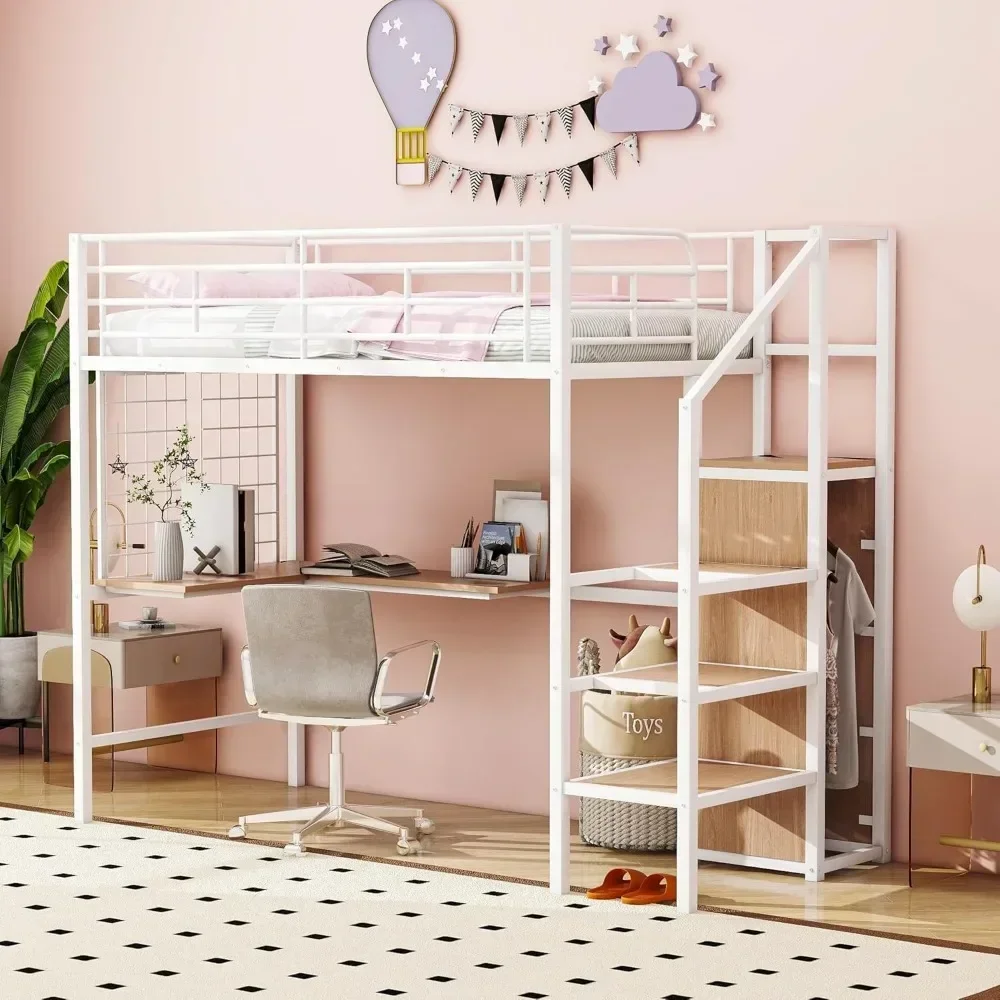 Double Layered Metal Bed Frame, Double Layered Loft Bed with Desk and Storage Space, Bed with Stairs