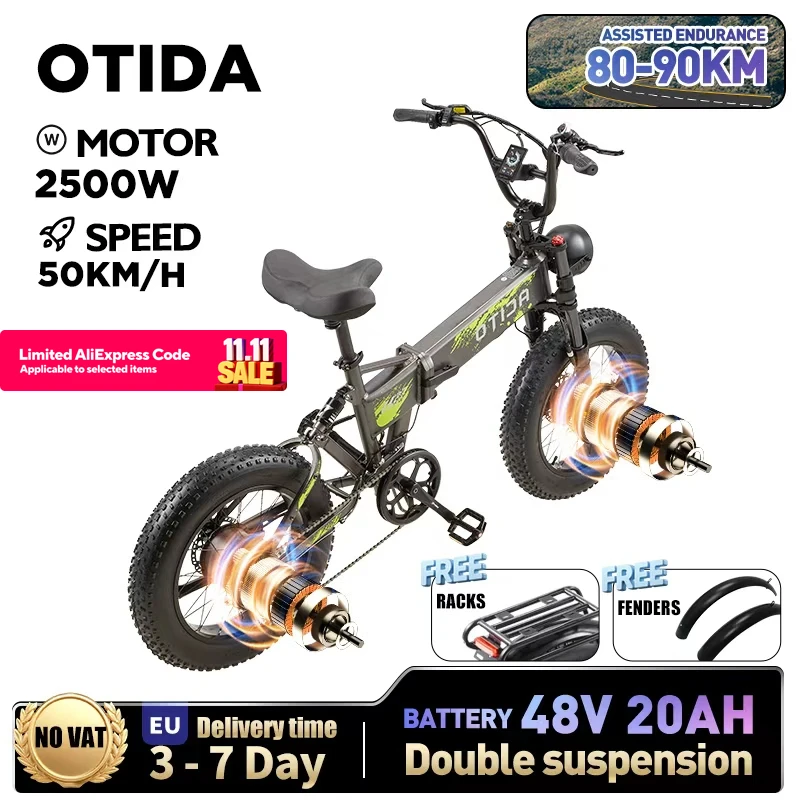 OTIDA NUOVO R7 Doppi motori 2500W50KM/H Bicicletta elettrica pieghevole 48V20AH Batteria al litio 20 pollici 4.0 Fatbike Bici elettrica