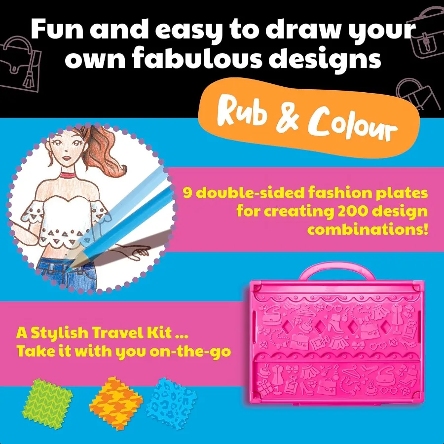 : KidzMaker: My Design Portfolio Fashion Studio Design Draw Outfits Mix Max Pattern Rubbing Plates Travel Case Arts Craft Set 5