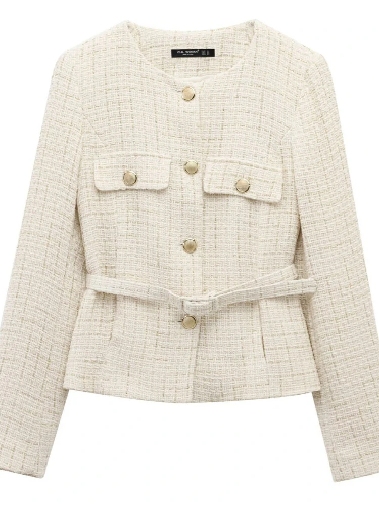 

Spring Autumn New Women Tweed Single Breasted Elegant Jackets Coat Long Sleeve Belt Jacket Woman Clothing Outdoor Clothes Top