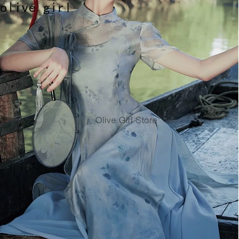 فستان صيني تقليدي محسّن شيونغسام للفتيات الصغيرات بدلة شاي صيفية مكونة من قطعتين فستان على الطراز الصيني تشيباو