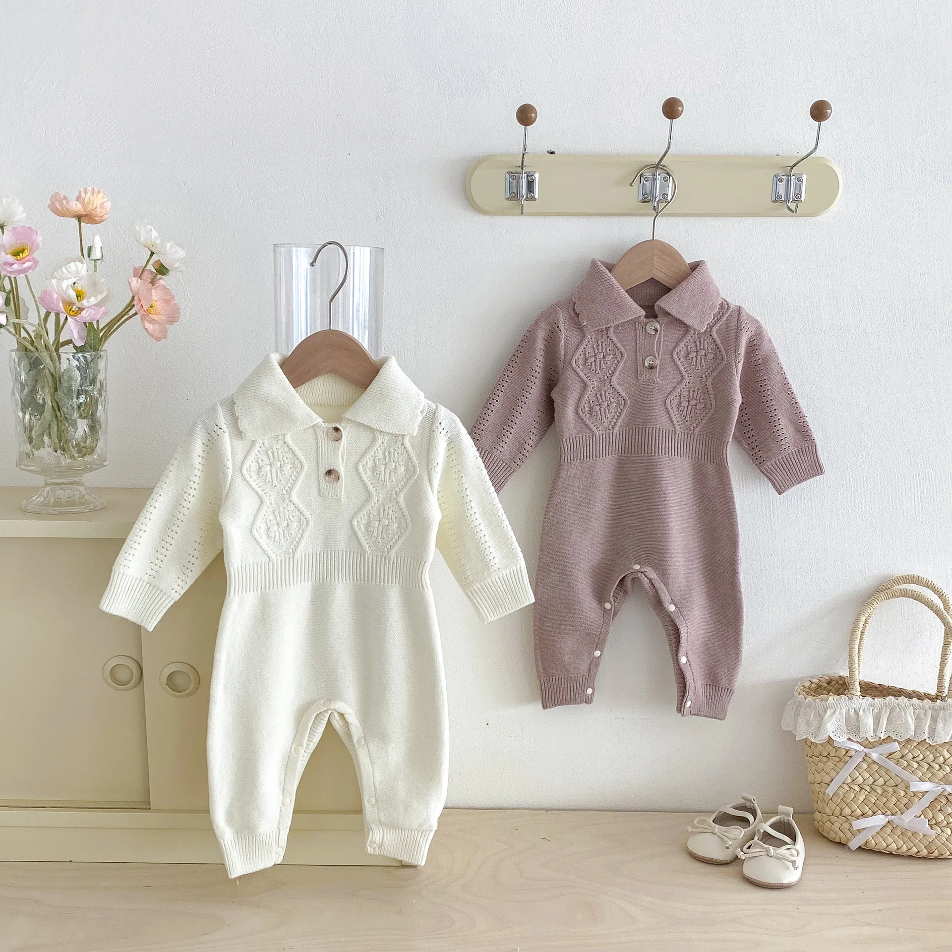 

Baby Knitted Jumpsuit 2025 Autumn And Winter New Long Sleeve Lapel Twist Jumpsuit Clothes Baby Girl's Retro Clothes