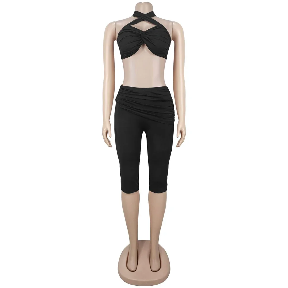 Women Halter Crop Top And High Waist Capri Pants Set Crisscross Front Bodycon Party Clubwear Outfit view 4