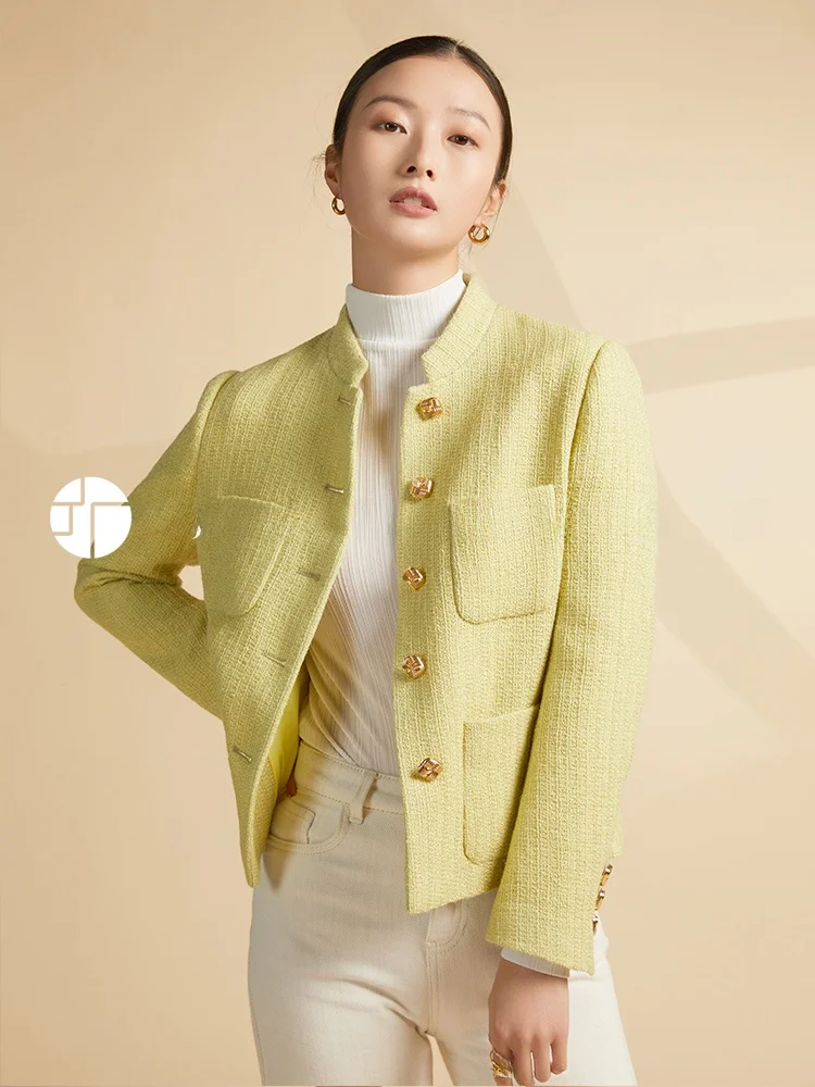 

Faionable Tweed Set Jaet Spring Summer Women's Stand Collar Chinese Sle Small Fraance Wind Interface Qing Wang