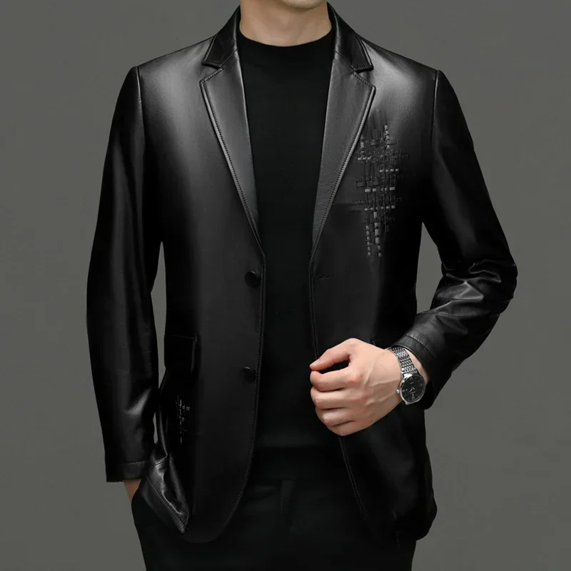 2024 Boutique Autumn and Winter New Men's Business Fashion British Style Solid Color Trend Casual Leather Sheep Leather Blazer