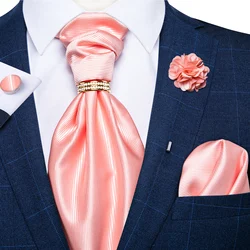 Fashion Ascot Tie for Men Solid Pink Cravat Necktie Ring Brooch Set for Wedding Party Man Suit Accessories Male Scarf Gift
