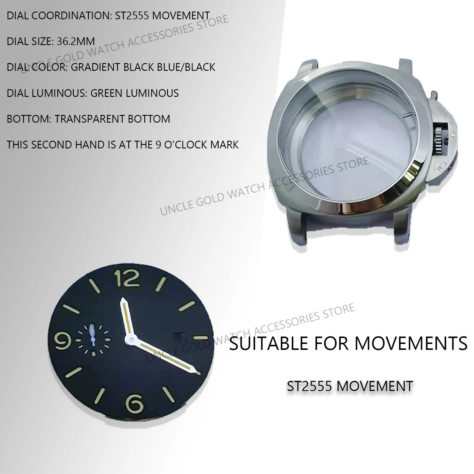 45mm Watch Case Sliver Transparent bottom For Panerai with 36.2mm watch dial with Night light hands fit ST2555 Movements