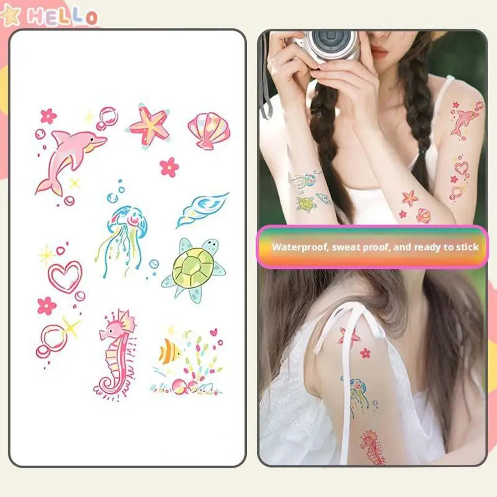 Cute Tattoo Stickers Dolphin Seahorse Starfish Fake Long Stickers Temporary Ocean Lasting Series Waterproof Tattoo T S8o7