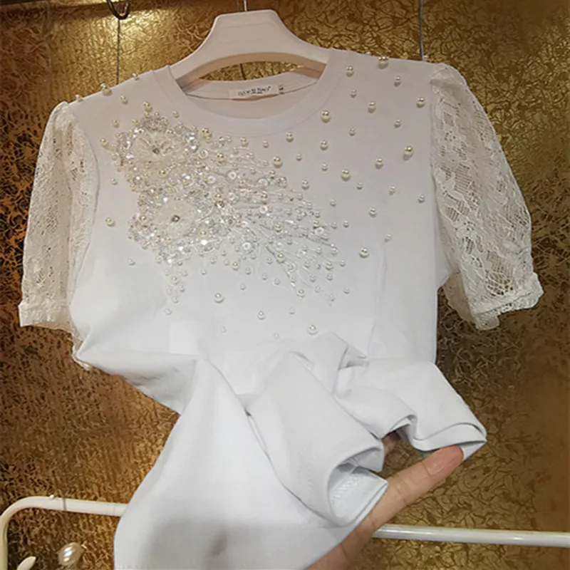 Heavy Industry Beaded Pearl Lace Puff Sleeves Sequin Flower Cotton T-Shirt Women Summer Fashion Tees Tops q148