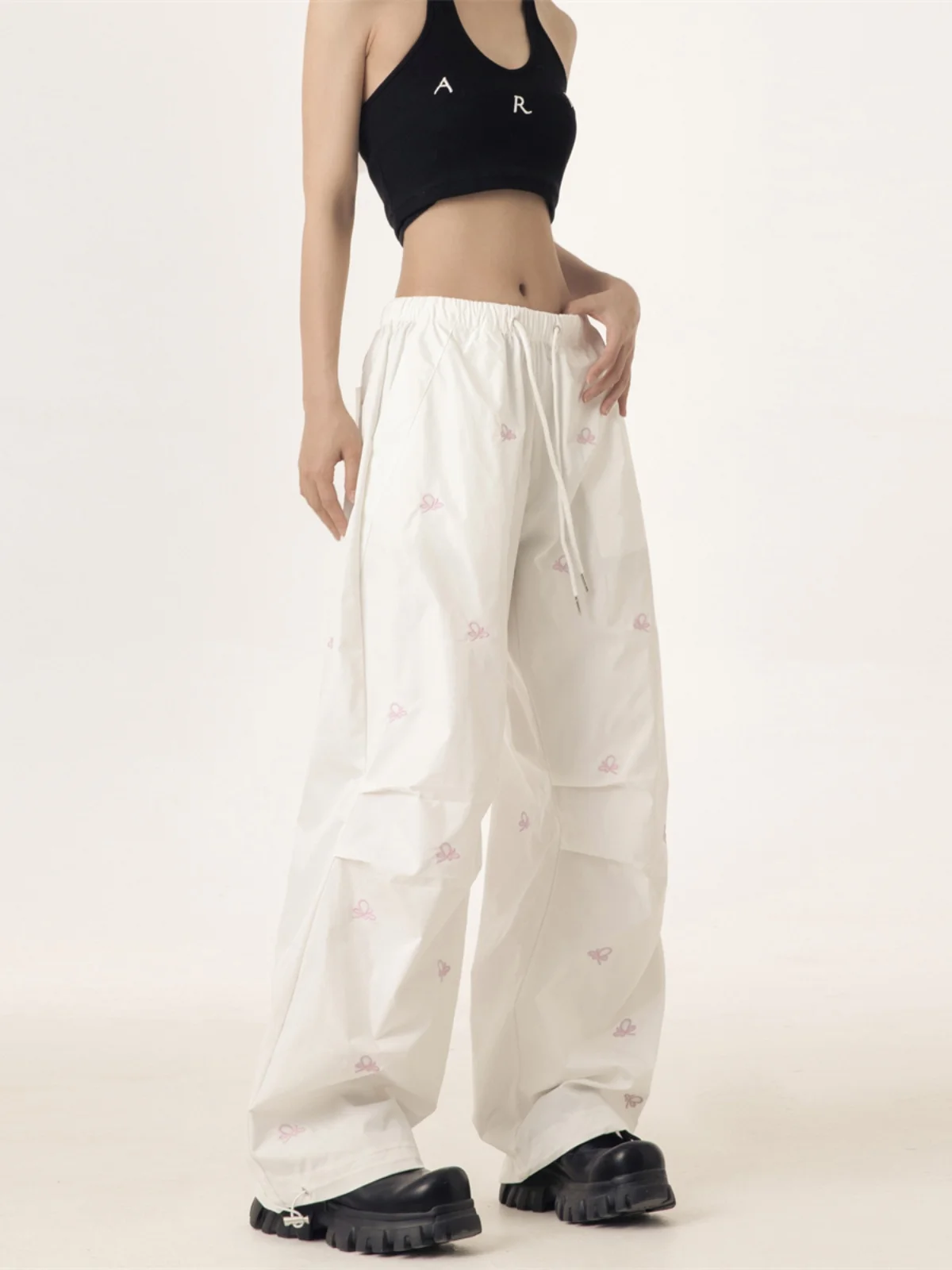 

Peacemarket Embroidered White Work Pants Women Summer Thin Wide Leg Dstring Casual Trousers Street Sle l Waist