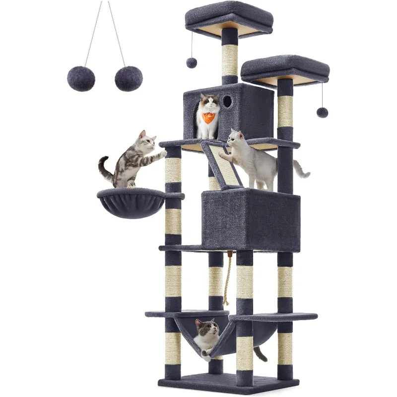 

Feandrea Cat Tree, 81.1-Inch Large Cat Tower with 13 Scratching Posts, 2 Perches, 2 Caves, Basket, Hammock, Pompoms