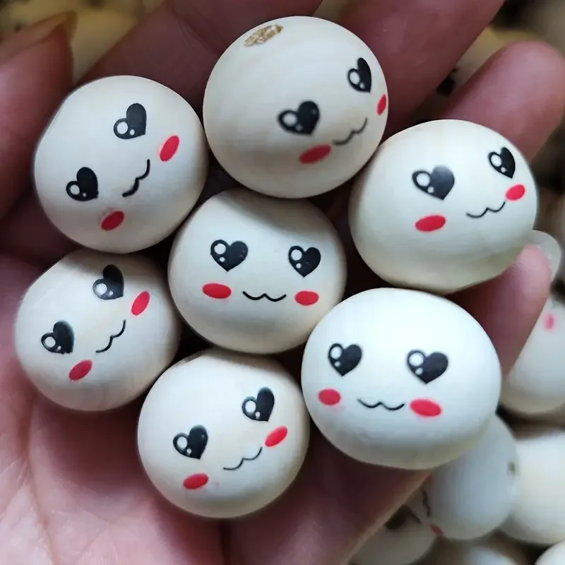 25 buah warna kayu asli 20mm dicetak wajah tersenyum manik kayu kartun boneka wanita ekspresi kepala manik bulat