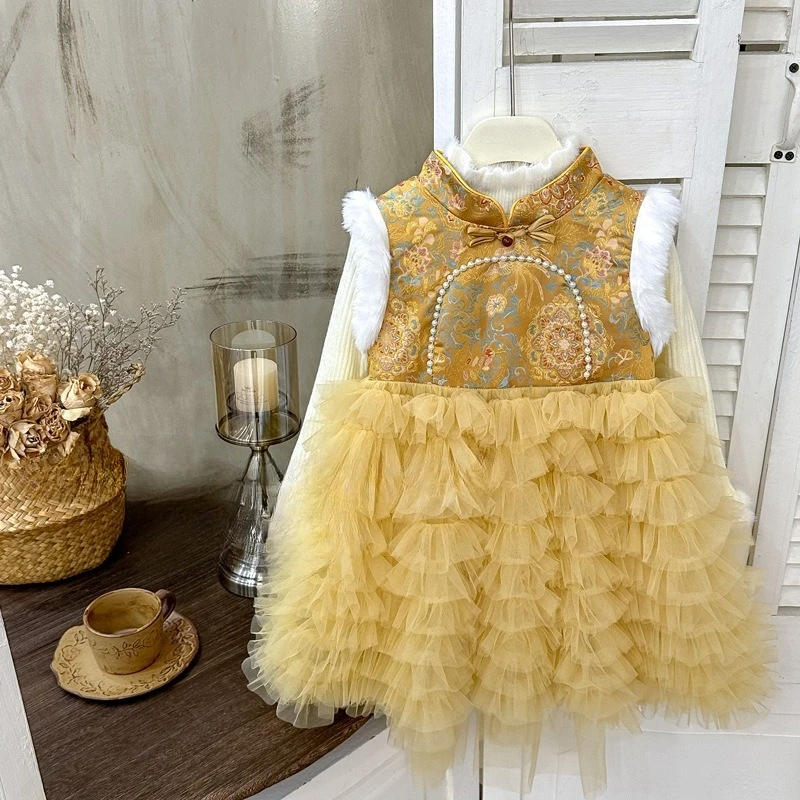 

2025 New Year's Dress Hot Sale: Thickened Warm Splicing Mesh Cake Skirt and Soft Sticky Bottom Coat Two Piece Set