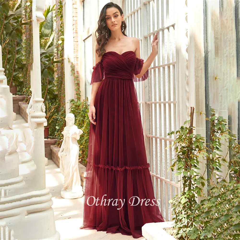 Princess Off Shoulder A-line Prom Dress Sweetheart Neck Pleated Layer Evening Dress Simple Party Dresses Vestido De Noche