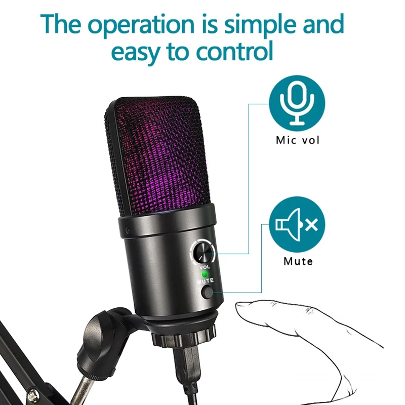 Recording Mic, RGB Condenser Microphone For Recording Streaming Youtube Zoom Podcasting Portable Live Broadcast Mic