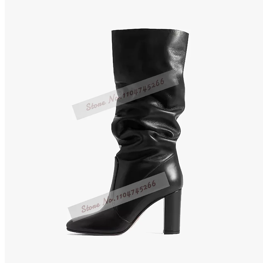 Black Matte Leather Chunky Heel Mid-Calf Boots Round Toe Folded Slouchy Middle Boots Block Heels Elegant Dress Shoes