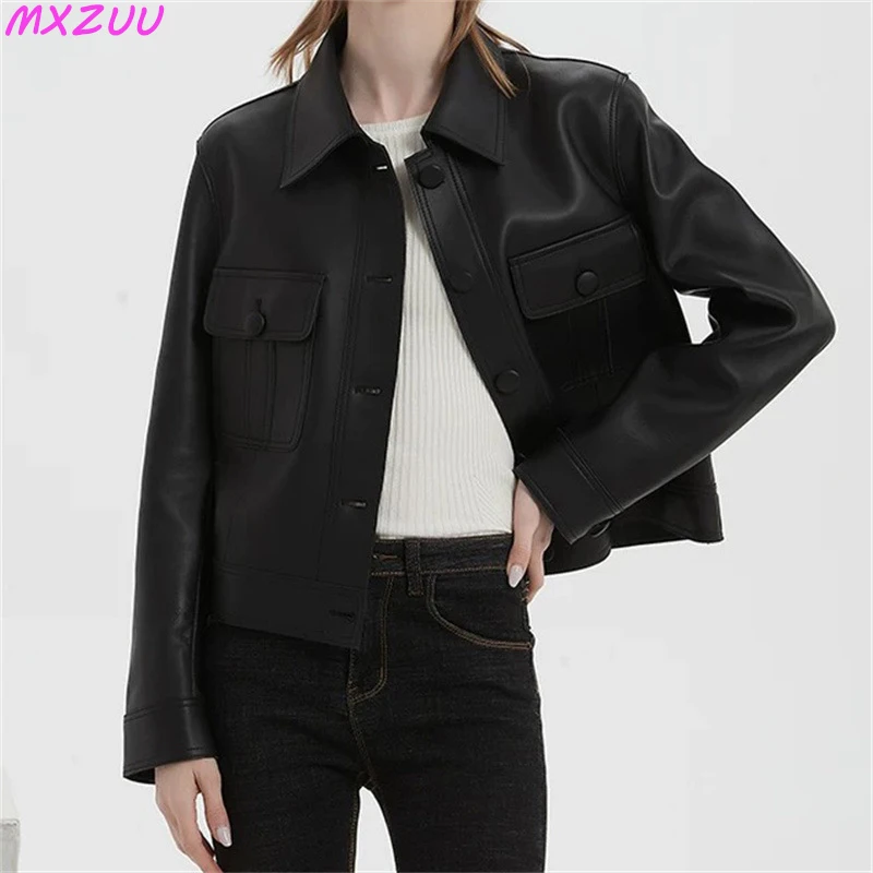 2024 Autumn Popular Genuine Leather Jacket Women Sheepskin High-End Polo Collar Tops Jassen Dames Slim Classic Short Blazer Coat