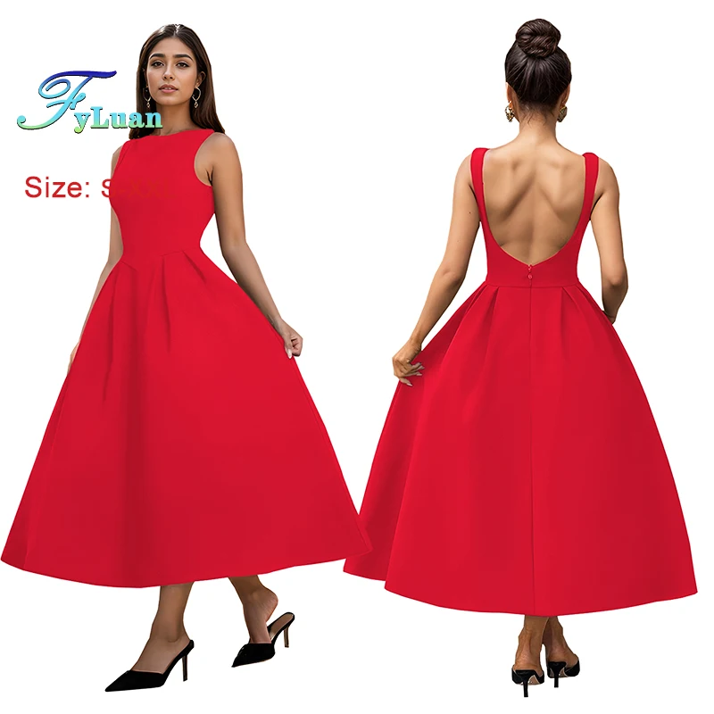 

New 2025 Fashionable Elegant Women Backless French Retro Sleeveless Long Dress Pleated A-line Dress Nightclub Sexy Party Dresses