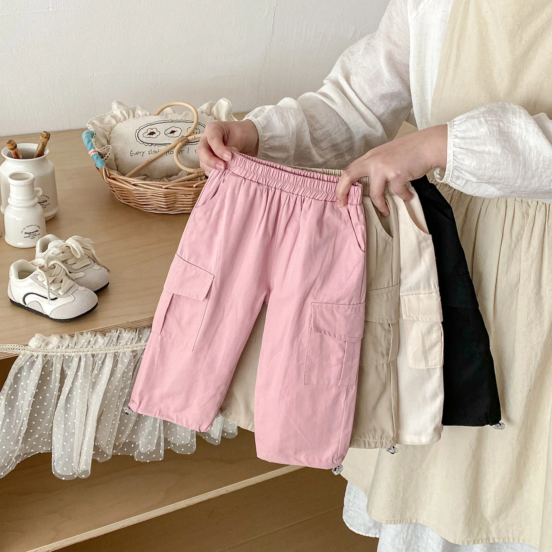 2026 Spring New Children Loose Pocket Trousers Cotton Girls Cargo Pants Fashion Toddler Boys Solid Casual Pants Kids Clothes