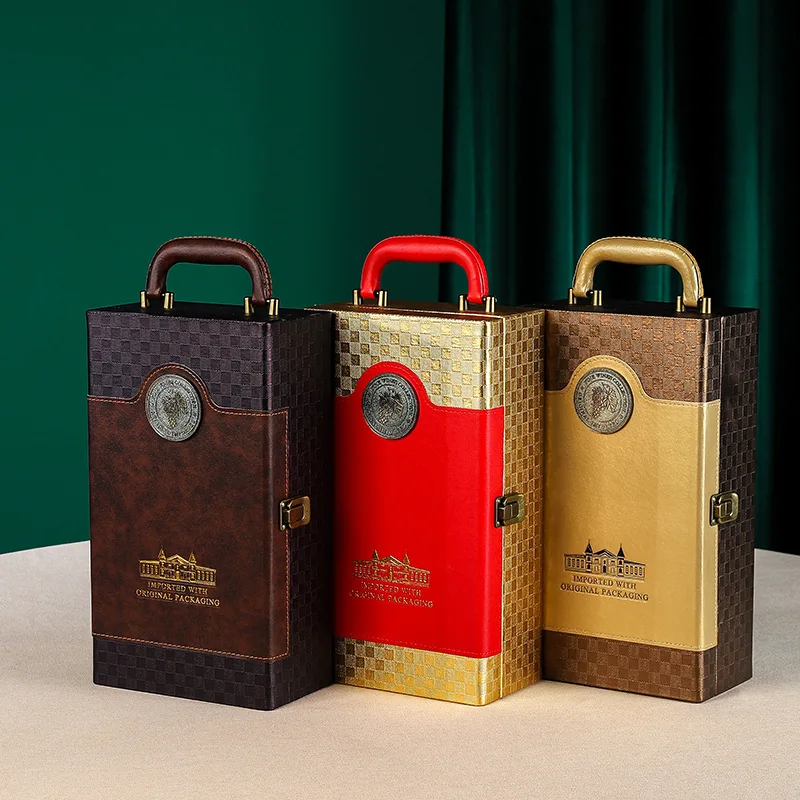 Customizable: Bottled Wine Packaging Box Made of Leather Material Red Wine Gift Packaging Double Gold-plated Red Wine Box