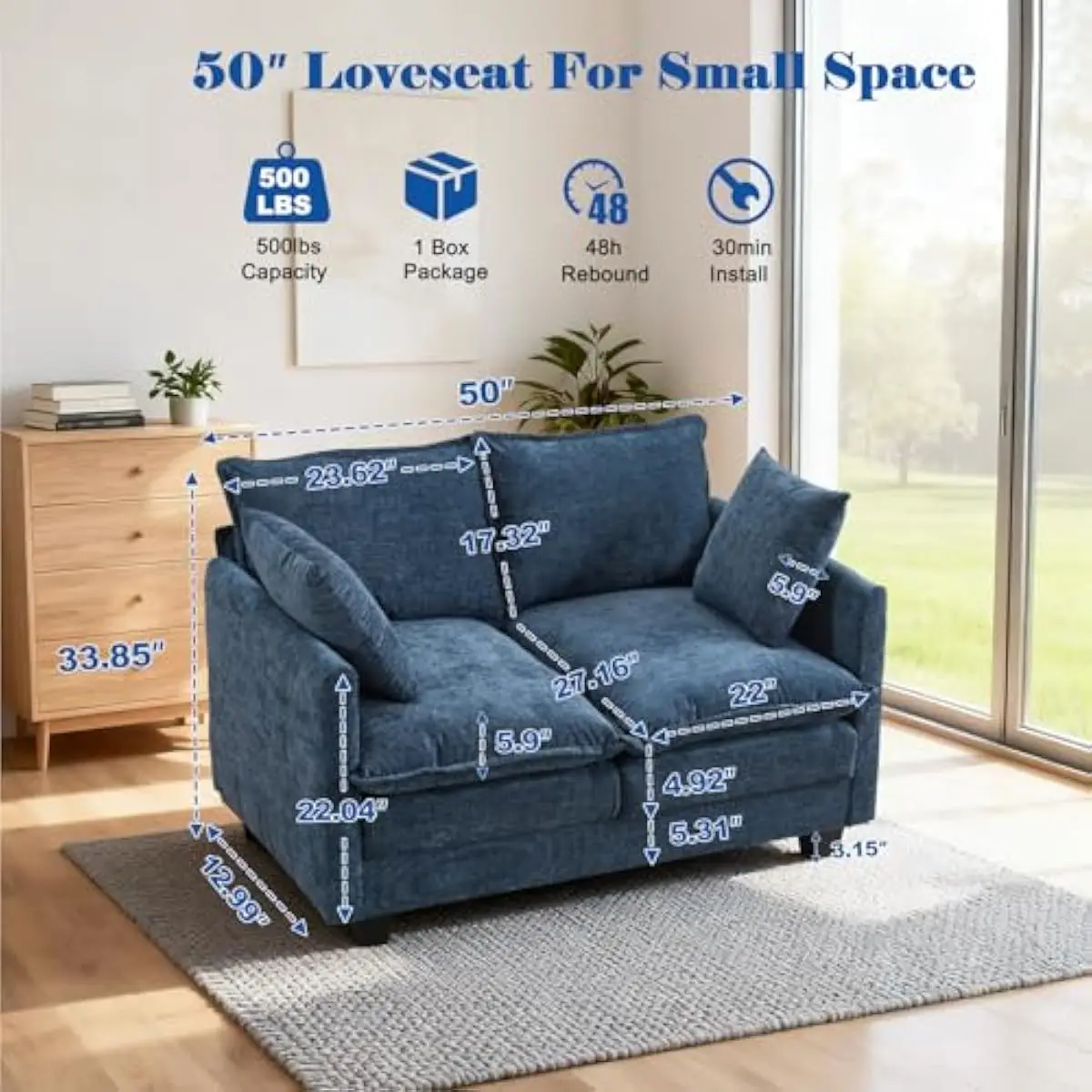 50 Inch Two-Seater Cloud-Inspired Loveseat with Ergonomic 27.16 Inch Deep Seat, Removable Chenille Cover, Dual-Layer 10.8 Inch C