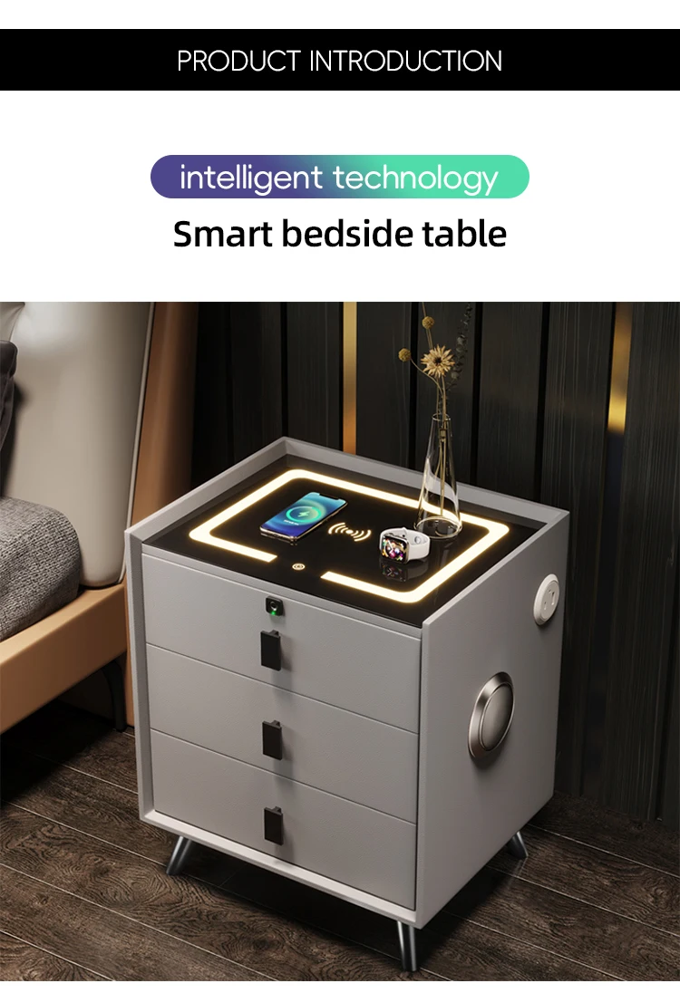 منضدة تعمل باللمس مصباح ليد USB شاحن لاسلكي ذكي مكبر صوت تصميم قفل ببصمة الإصبع طاولة بجانب السرير #6