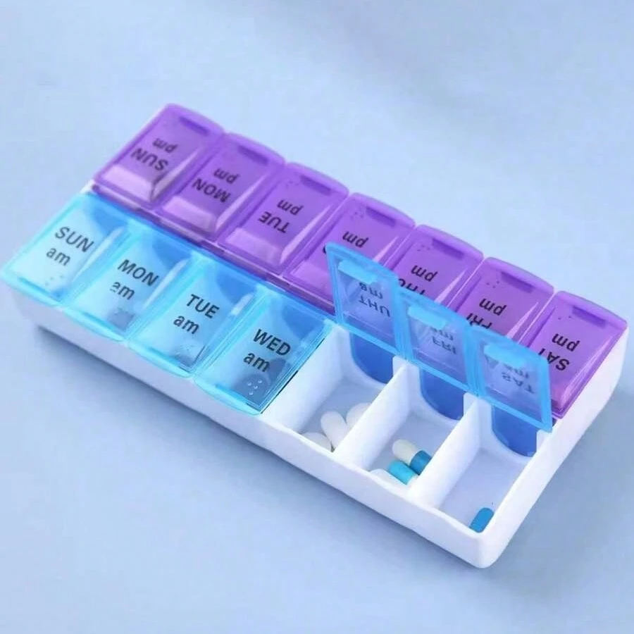 

New Portable 7-Day Weekly Pill Organizer Box, 14 Compartments Vitamin Pill Container For Tablets, Medications, Fish Oil