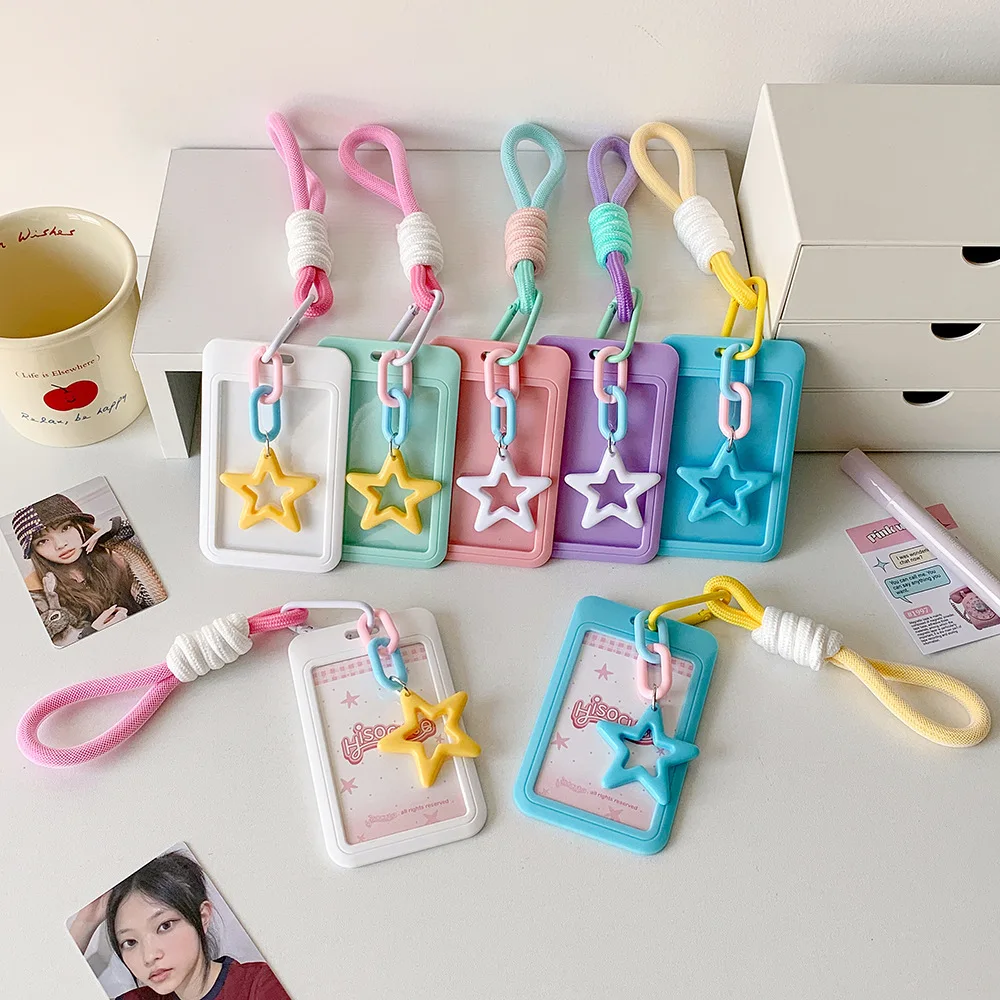 Women's Cute Pastel Silicone Card Holder with Star Charm and Wrapped Lanyard Strap Clear Window ID Badge Case for School Office