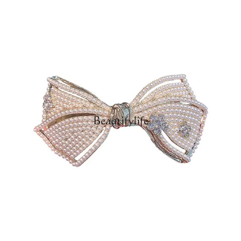 

High-Grade Pearl Bow Barrettes Shiny Rhinestone Spring Clip Elegant Girl