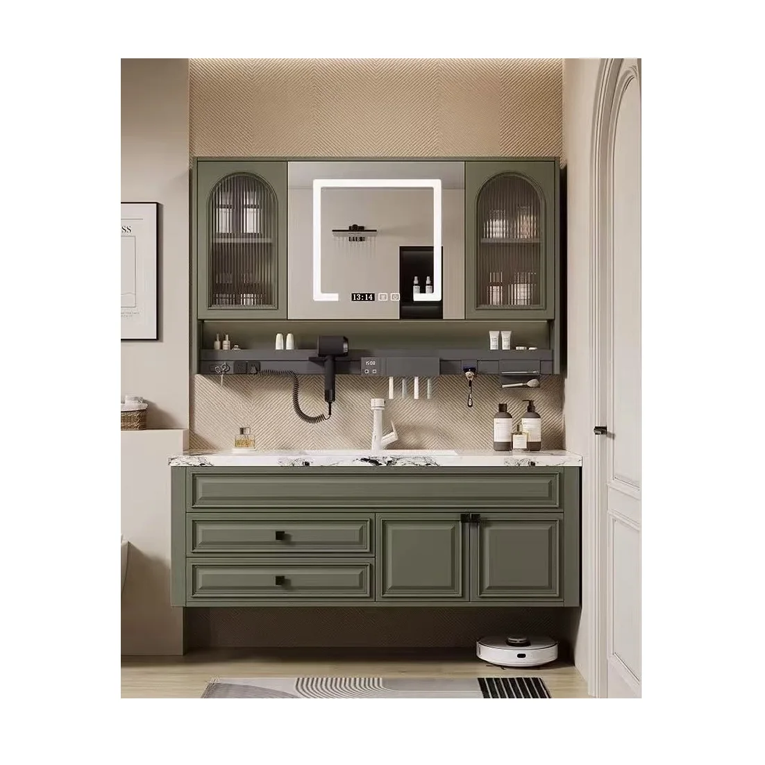 CBMMART Customized Smart Lacquer Grille Design Bathroom Cabinet Led Mirror Grid Bathroom Vanity