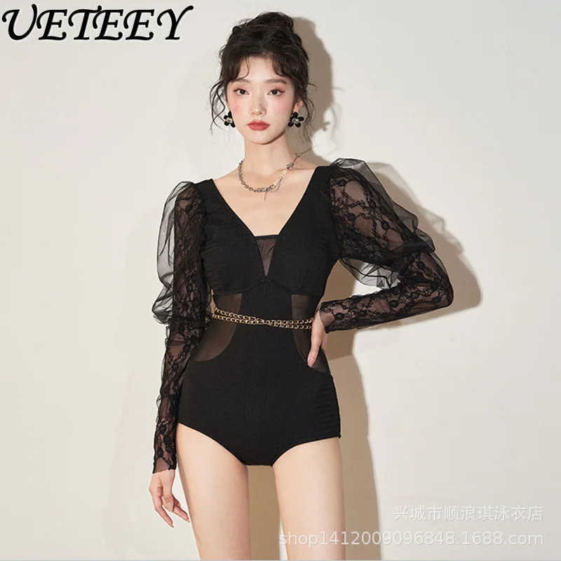 

Hot Spring Bathing Suit for Women New Conservative Siamese Fit Slim Covering Seaside Sexy Black V-neck Long Sleeve Swimwear